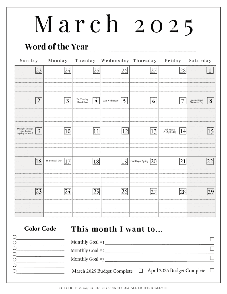 march 2025 calendar printable with holidays