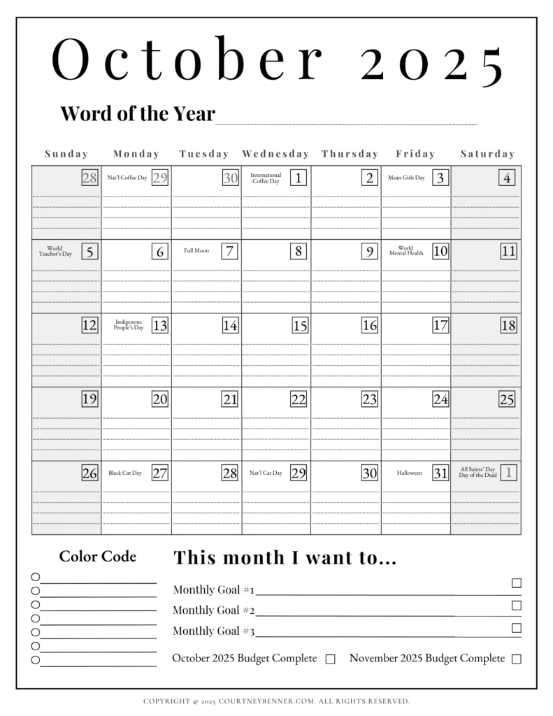 october 2025 calendar printable with holidays